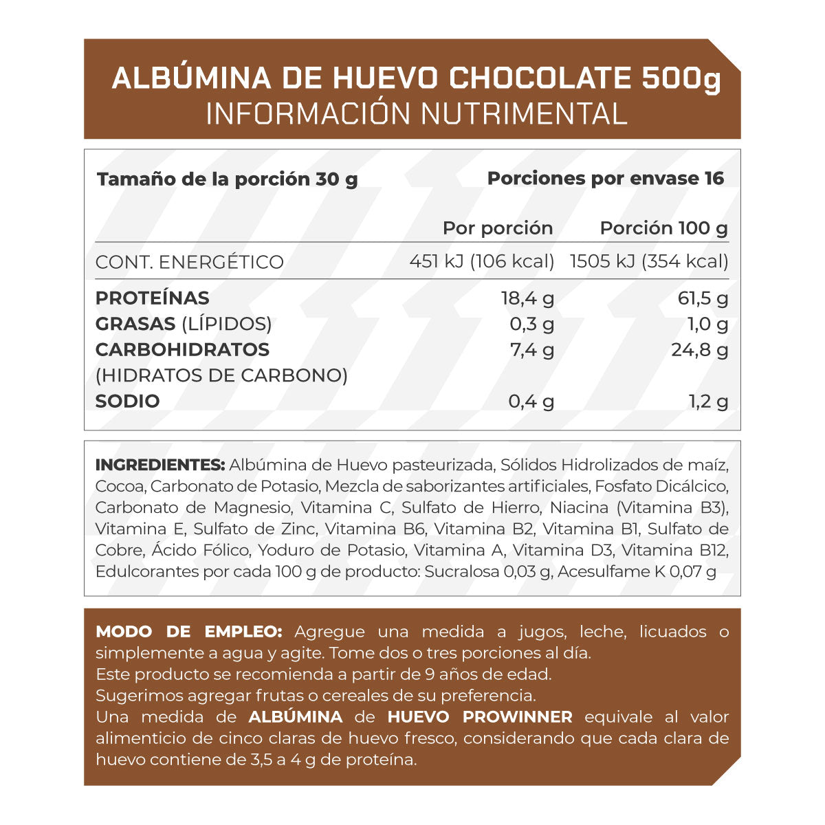Proteína Albumina de Huevo Sabor Chocolate 500g 16 porciones