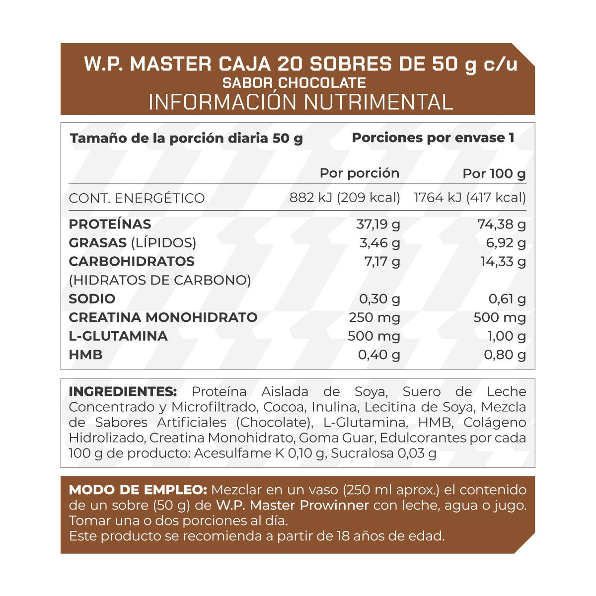 Sobres de Proteína Caja WP Master 20 sobres de 50g c/u 20 porciones