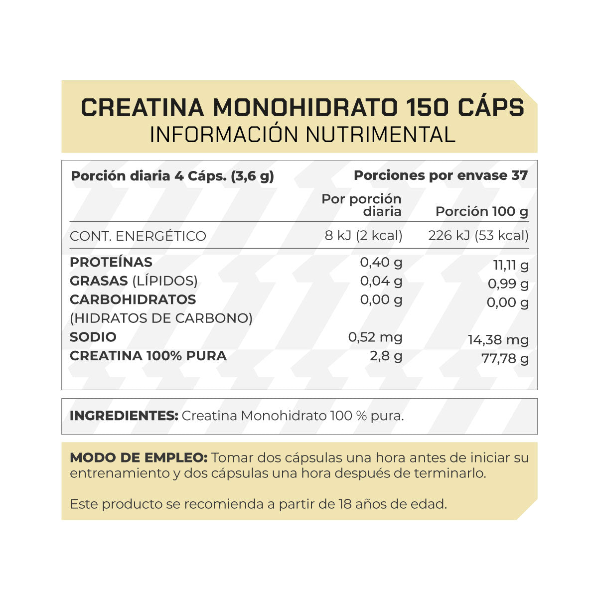 150 Cápsulas de Creatina Monohidrato 100% Pura 37 porciones