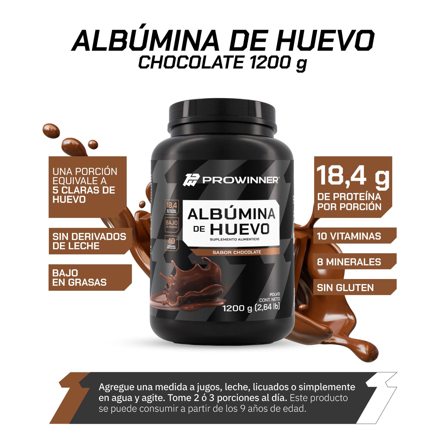 Proteína Albumina de Huevo Sabor Chocolate 1.2 Kg 40 porciones - ProWinner