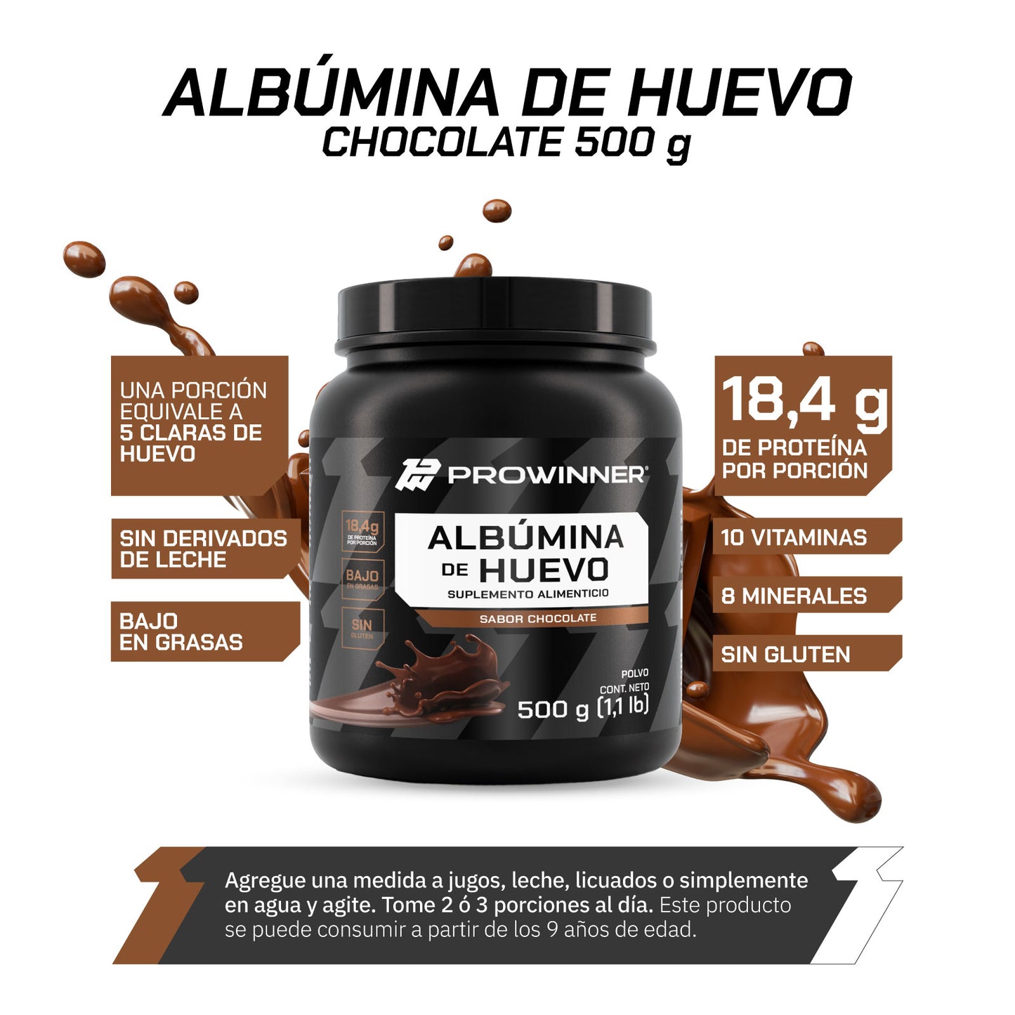 Proteína Albumina de Huevo Sabor Chocolate 500g 16 porciones
