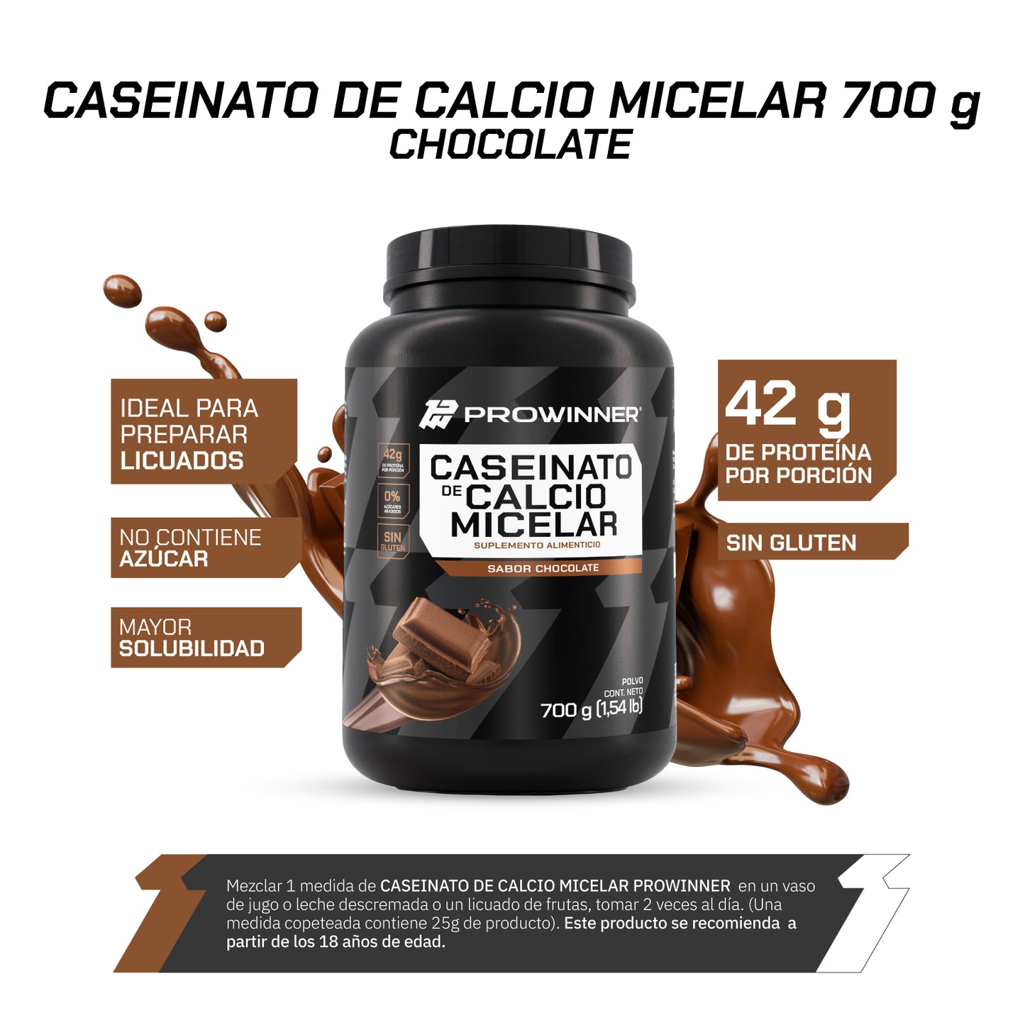 Proteína Caseinato de Calcio Micelar Sabor Chocolate 700 g 14 porciones