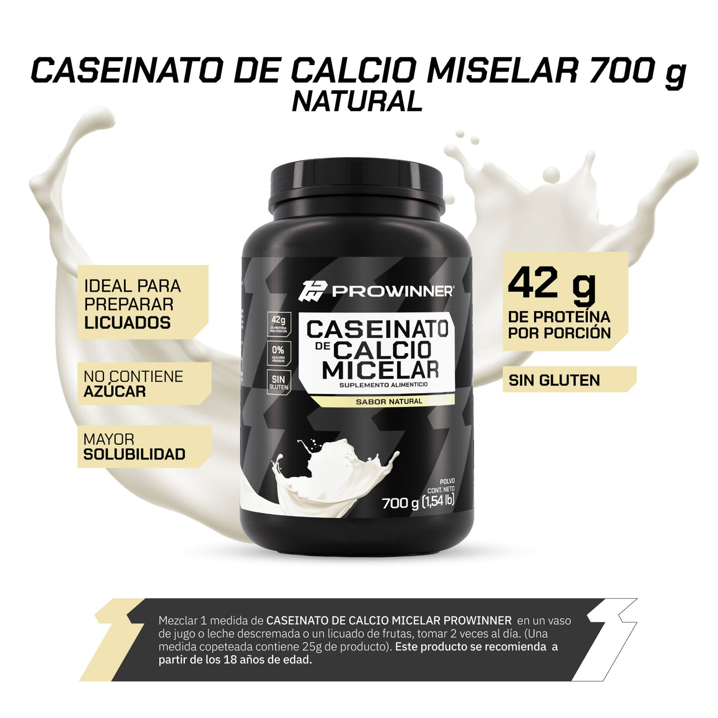 Kit 2 Piezas Proteína Caseinato de Calcio Micelar Sabor Natural 700 g 28 porciones