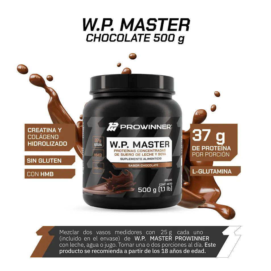 Proteína WP Master, Proteínas de Suero de Leche y Soya Chocolate 500 g 10 porciones