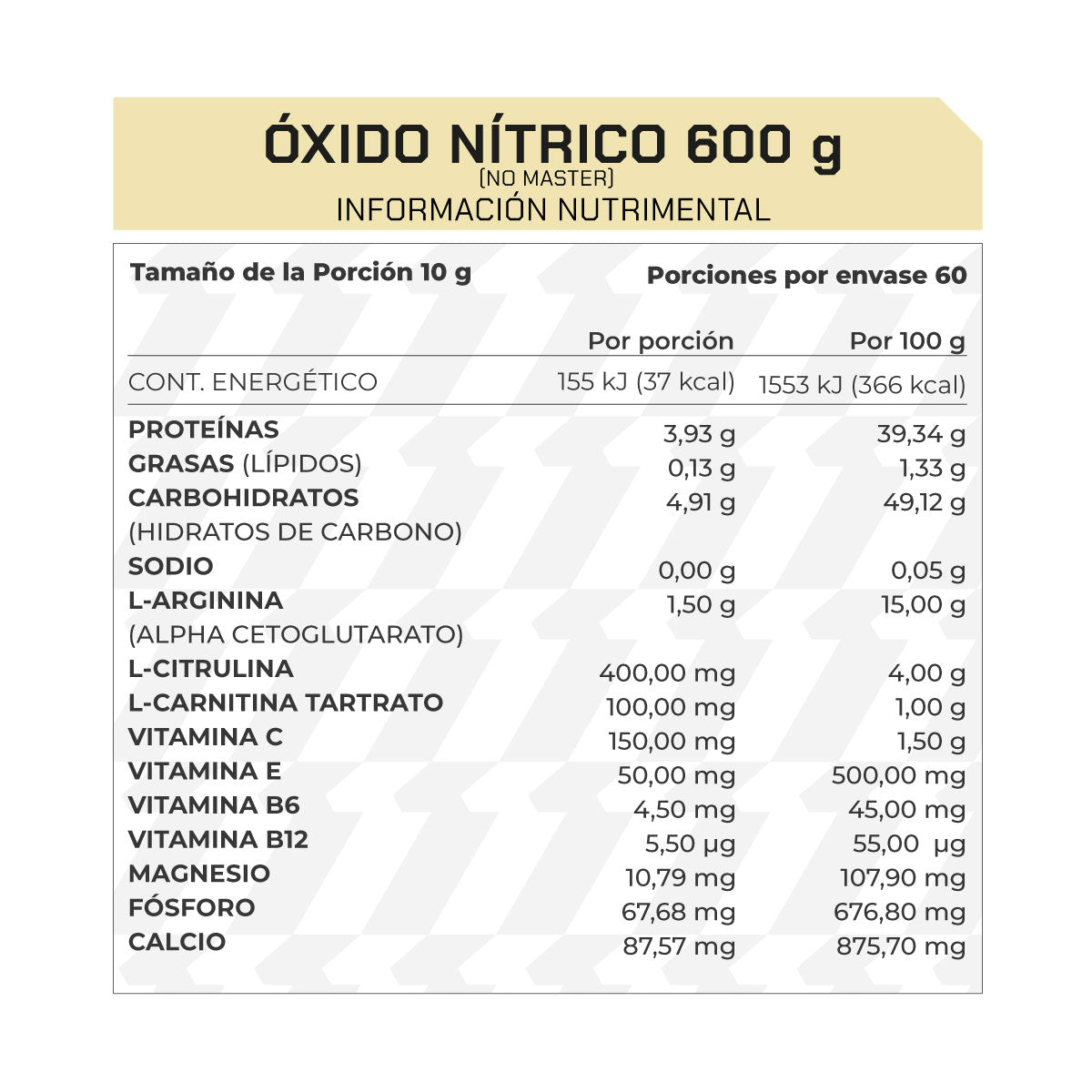 Pre entreno Óxido Nítrico No Master 600g 60 porciones