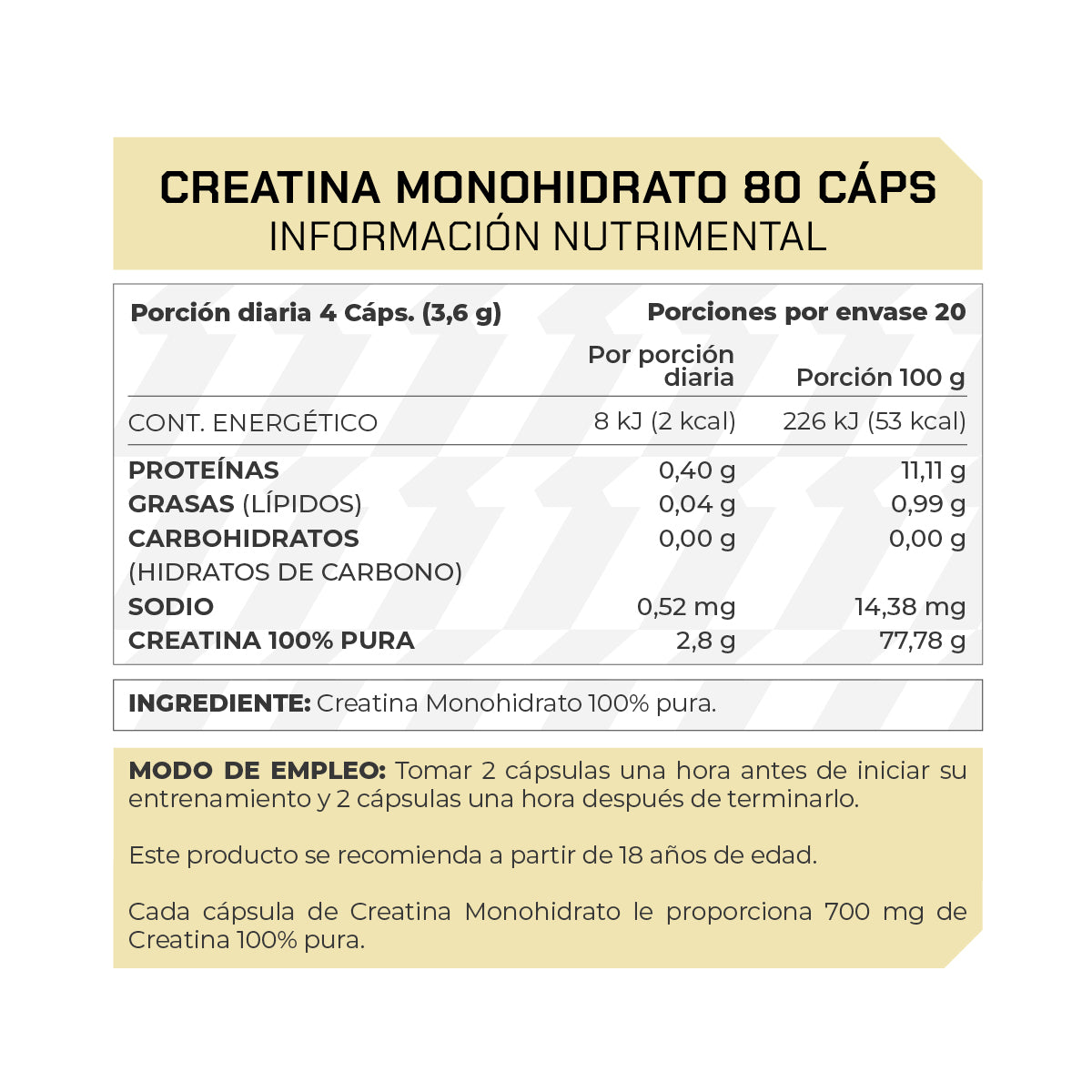 80 Cápsulas de Creatina Monohidrato 100% Pura 20 porciones