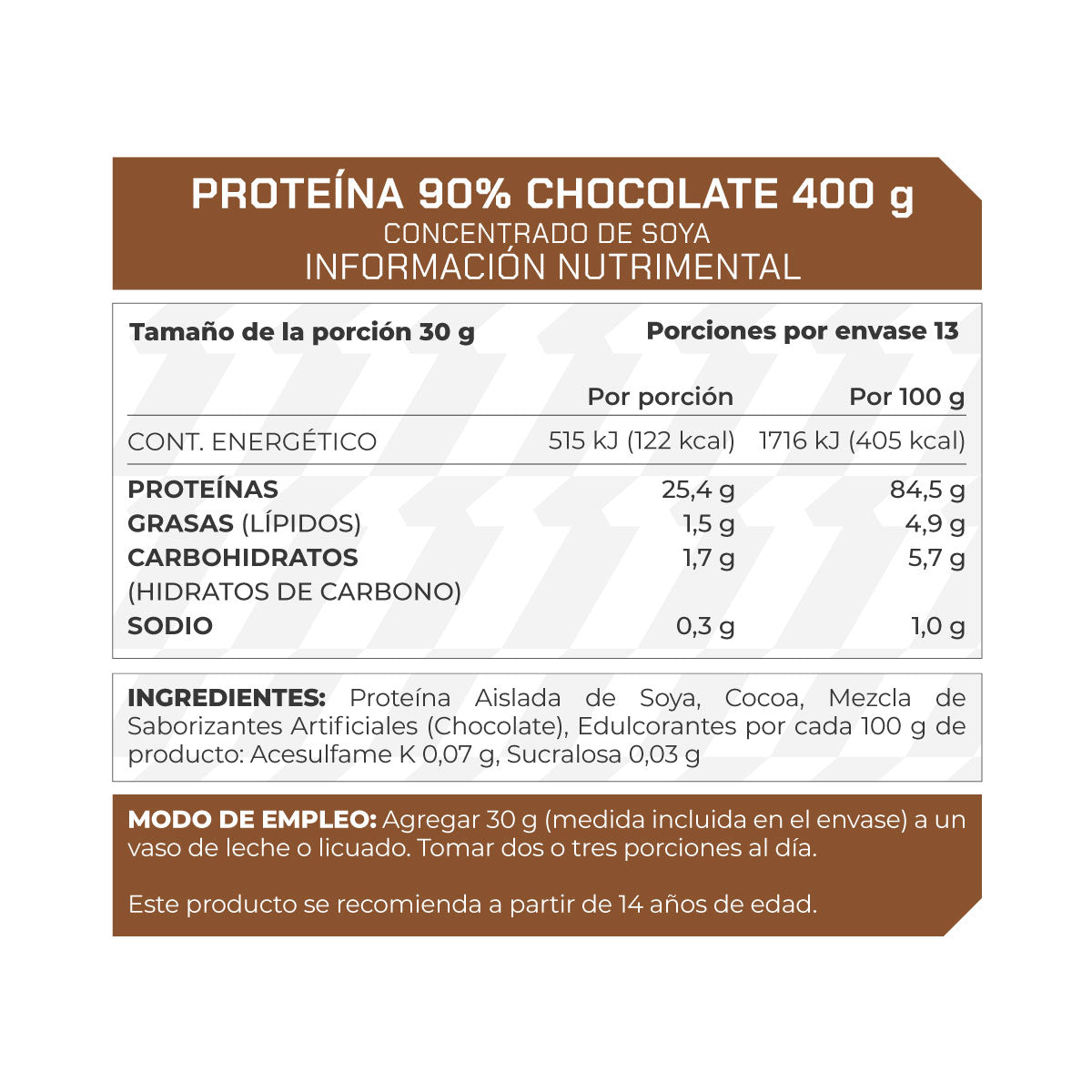 Proteína 90%, Sabor Chocolate 400 g 13 porciones