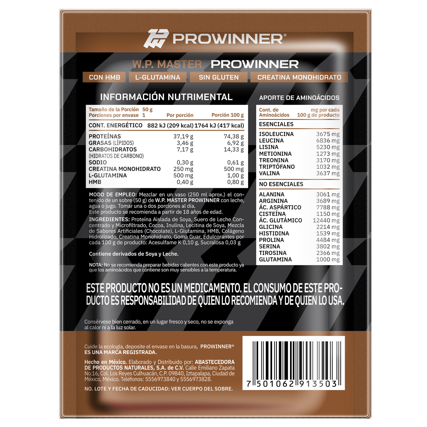 Sobres de Proteína Caja WP Master 20 sobres de 50g c/u 20 porciones