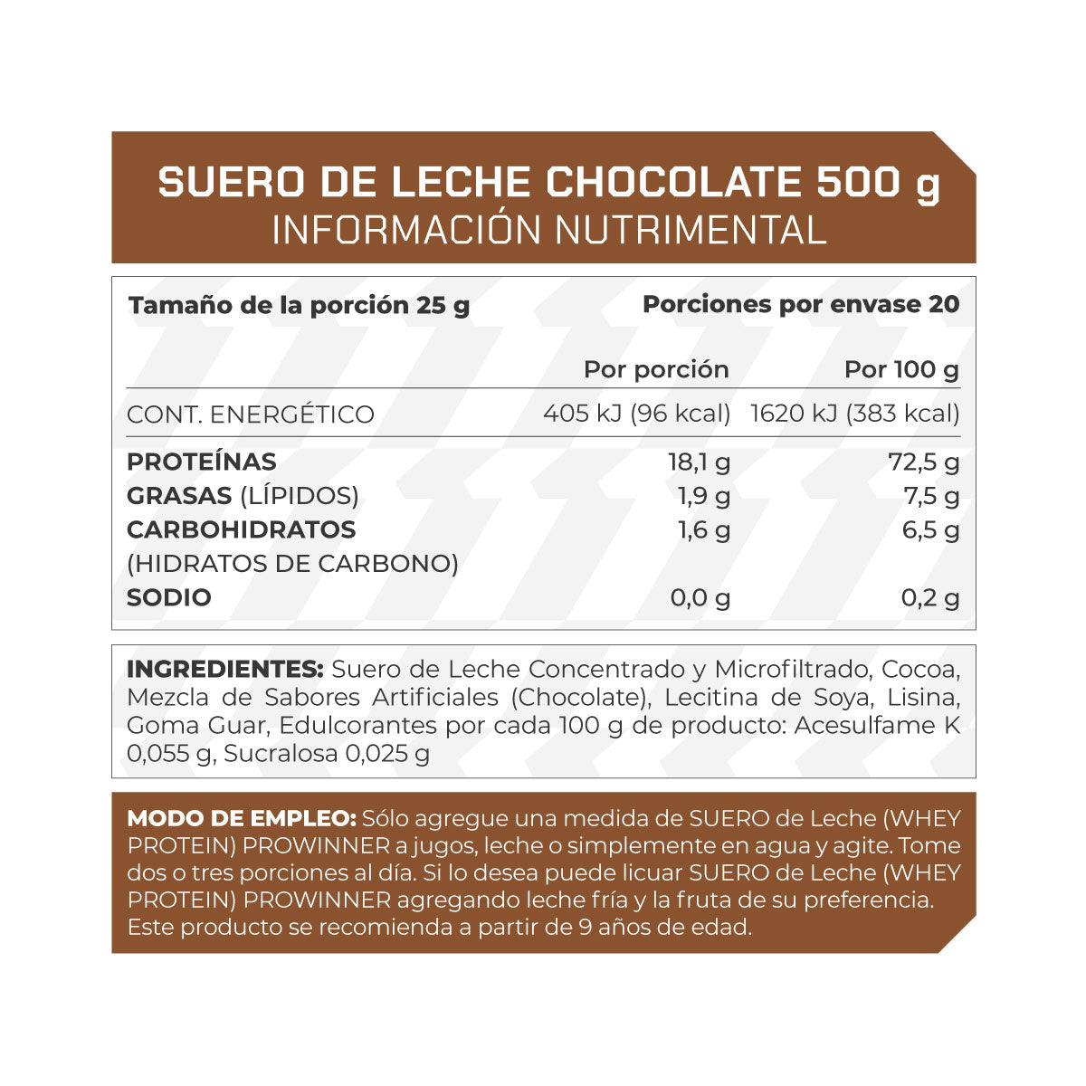 Proteína de Suero de Leche Concentrado Chocolate 500 g 20 porciones