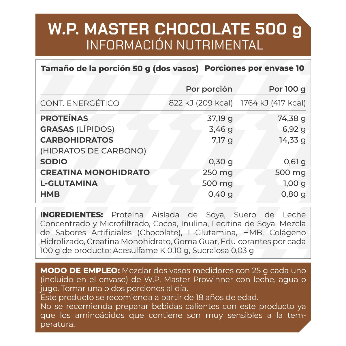 Proteína WP Master, Proteínas de Suero de Leche y Soya Chocolate 500 g 10 porciones