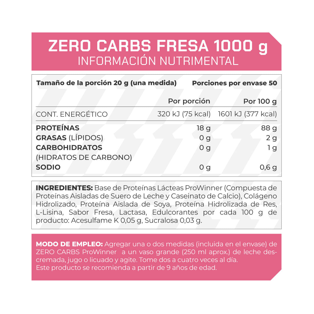 Proteína Zero Carbs, Proteína Sin Carbohidratos Fresa 1 kg 50 porciones