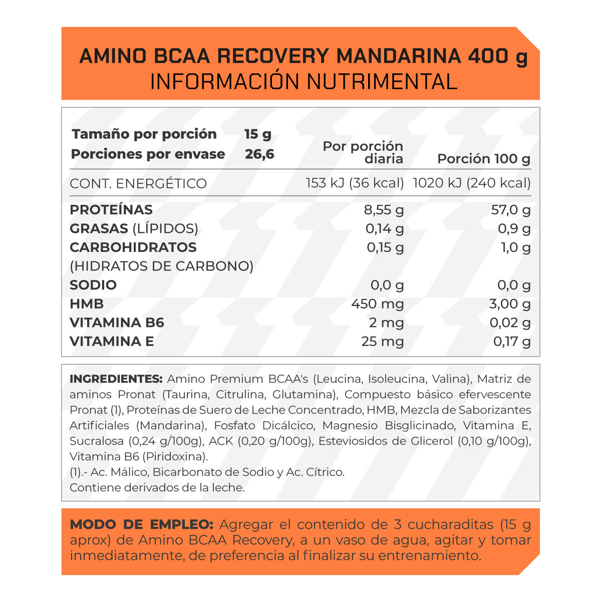 Amino BCAA Recovery sabor Mandarina 400 gramos - ProWinner