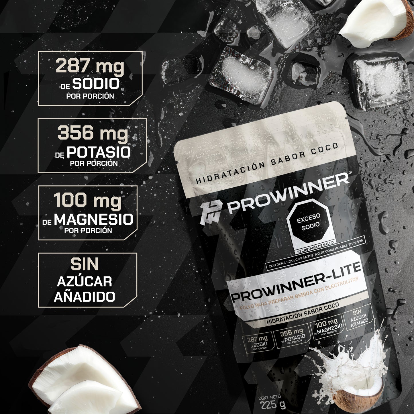 PROWINNER-Lite Electrolitos Sabor Coco | Bebida en Polvo para Hidratación | Con Sodio, Potasio y Magnesio | Sin Azúcar | Suplemento para Preparar Bebida Hidratante| 225 g