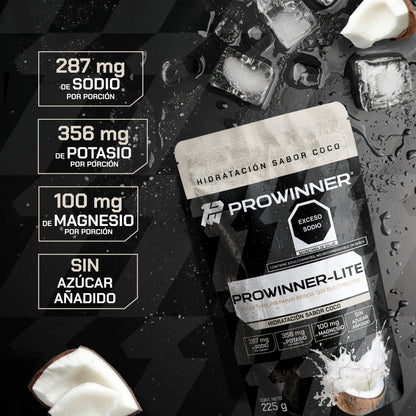 PROWINNER-Lite Electrolitos Sabor Coco | Bebida en Polvo para Hidratación | Con Sodio, Potasio y Magnesio | Sin Azúcar | Suplemento para Preparar Bebida Hidratante| 225 g