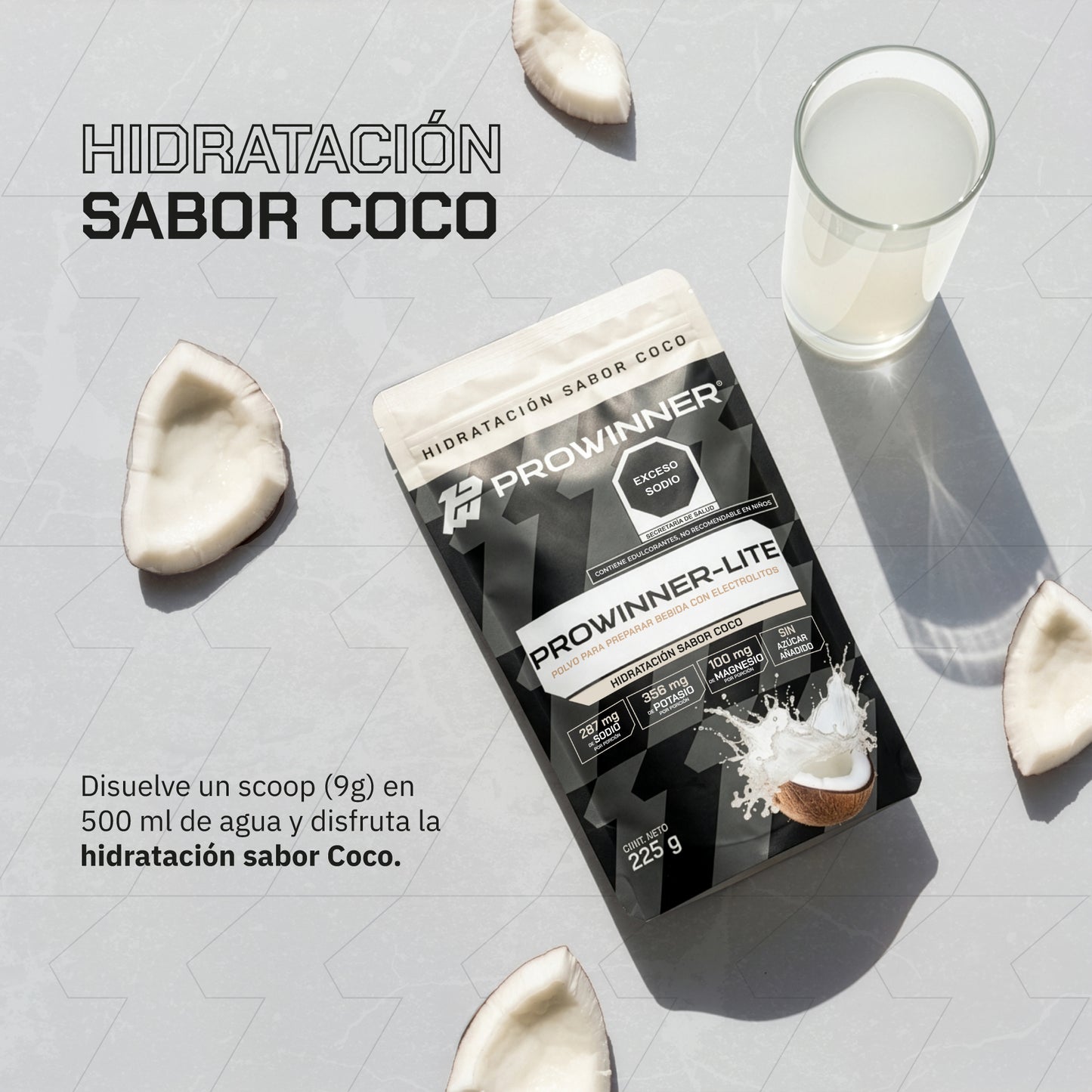 PROWINNER-Lite Electrolitos Sabor Coco | Bebida en Polvo para Hidratación | Con Sodio, Potasio y Magnesio | Sin Azúcar | Suplemento para Preparar Bebida Hidratante| 225 g