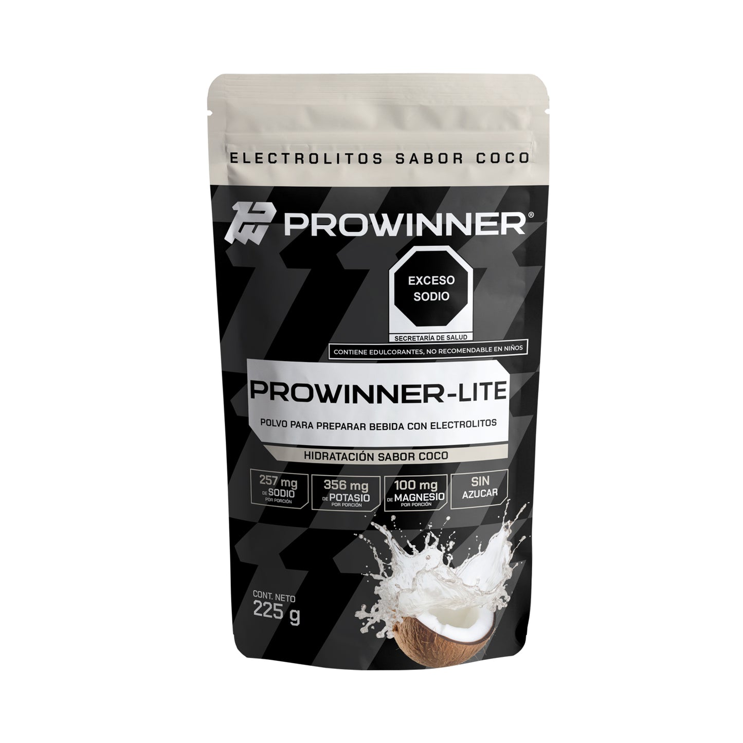 PROWINNER-Lite Electrolitos Sabor Coco | Bebida en Polvo para Hidratación | Con Sodio, Potasio y Magnesio | Sin Azúcar | Suplemento para Preparar Bebida Hidratante| 225 g