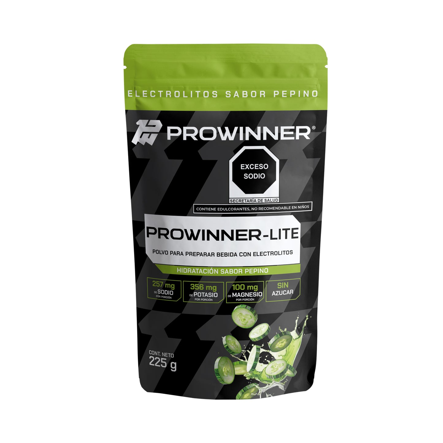 PROWINNER-Lite Electrolitos Sabor Pepino| Bebida en Polvo para Hidratación | Con Sodio, Potasio y Magnesio | Sin Azúcar | Suplemento para Preparar Bebida Hidratante| 225 g