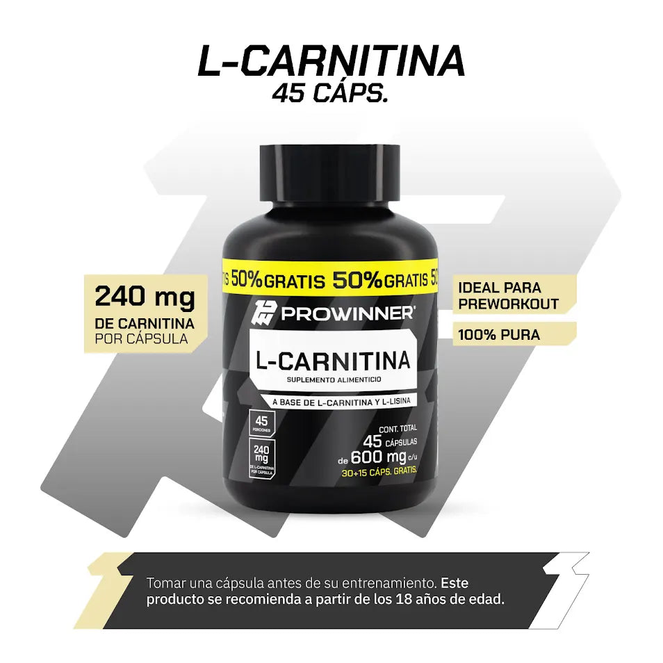 Pre Workout L-Carnitina 30+15 Cpsulas Extra. 45 porciones ProWinner Pre Workout L-Carnitina 30+15 Cpsulas Extra. 45 porciones ProWinner
