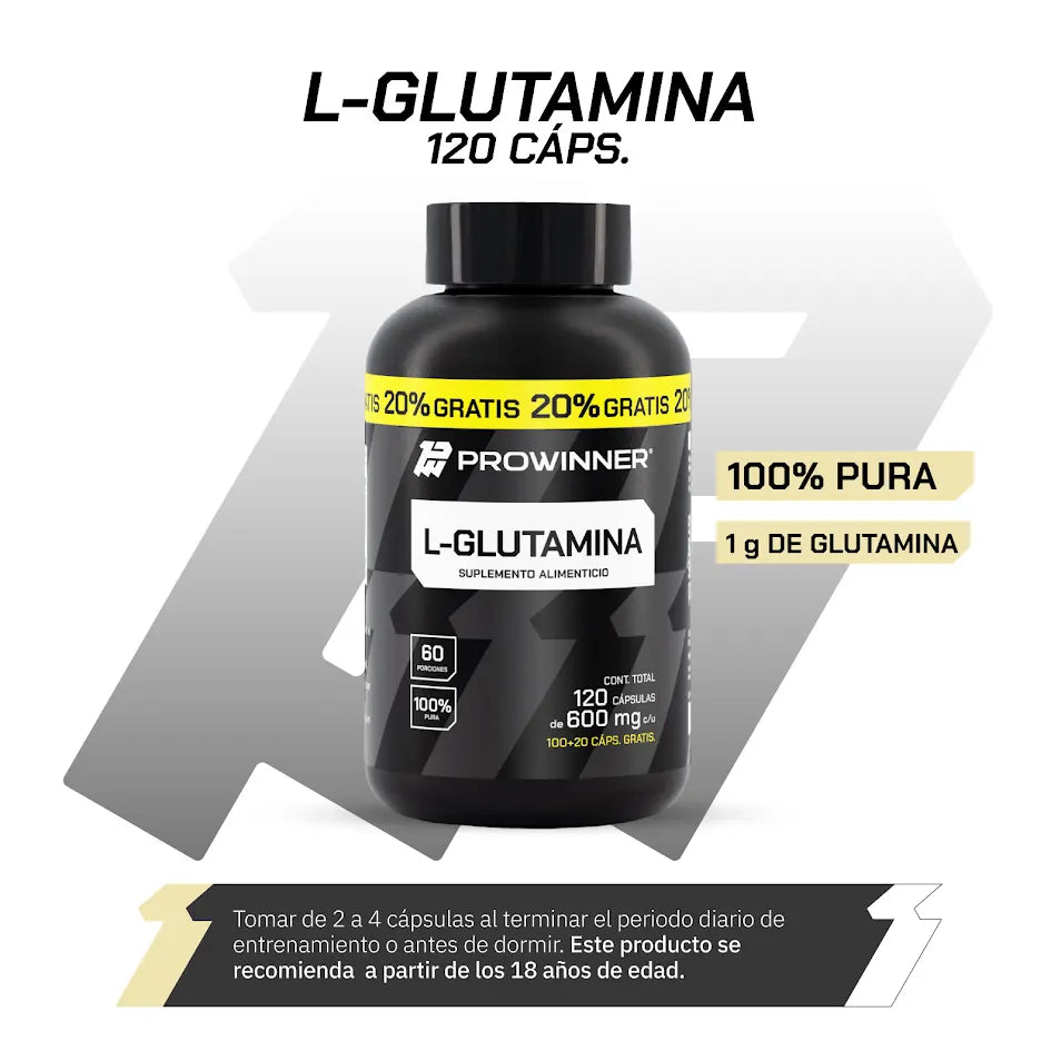 l carnitina y glutamina Post entreno L-Glutamina 120 Cápsulas 60 porciones – ProWinner