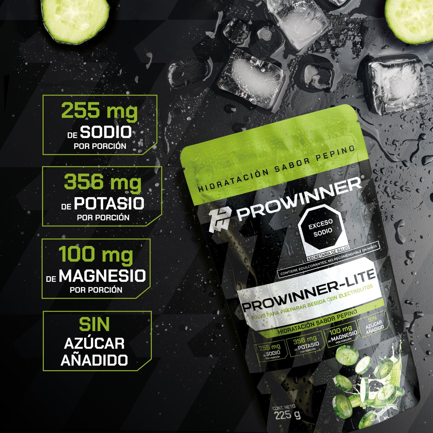 PROWINNER-Lite Electrolitos Sabor Pepino| Bebida en Polvo para Hidratación | Con Sodio, Potasio y Magnesio | Sin Azúcar | Suplemento para Preparar Bebida Hidratante| 225 g