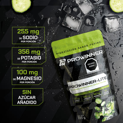 PROWINNER-Lite Electrolitos Sabor Pepino| Bebida en Polvo para Hidratación | Con Sodio, Potasio y Magnesio | Sin Azúcar | Suplemento para Preparar Bebida Hidratante| 225 g