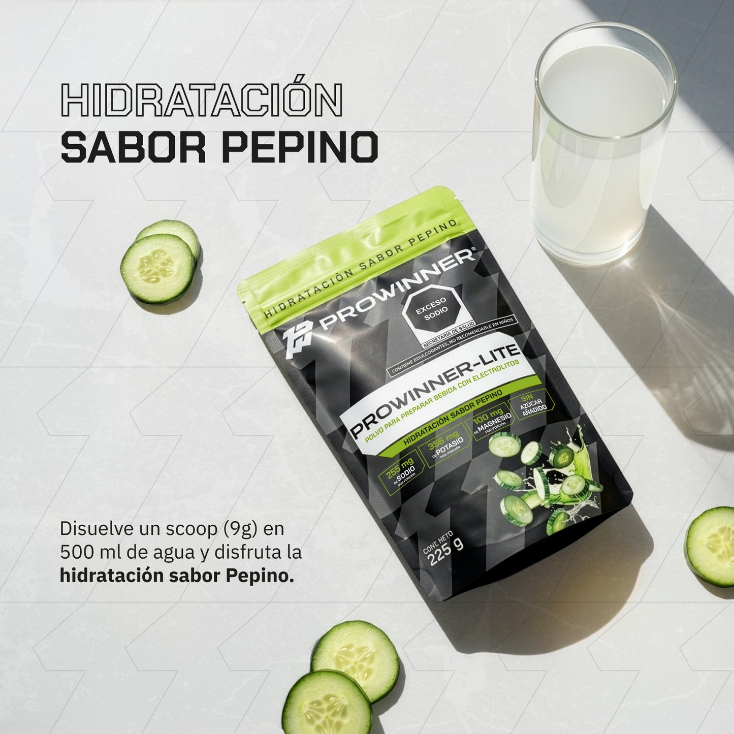 PROWINNER-Lite Electrolitos Sabor Pepino| Bebida en Polvo para Hidratación | Con Sodio, Potasio y Magnesio | Sin Azúcar | Suplemento para Preparar Bebida Hidratante| 225 g