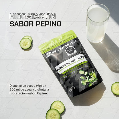 PROWINNER-Lite Electrolitos Sabor Pepino| Bebida en Polvo para Hidratación | Con Sodio, Potasio y Magnesio | Sin Azúcar | Suplemento para Preparar Bebida Hidratante| 225 g