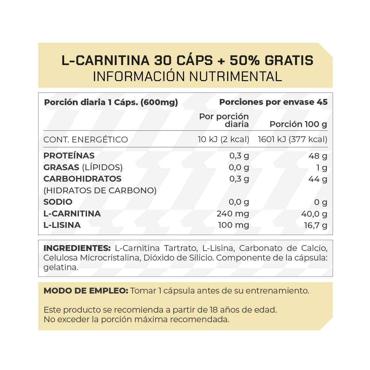 Pre Workout L-Carnitina 30+15 Cpsulas Extra. 45 porciones ProWinner Pre Workout L-Carnitina 30+15 Cpsulas Extra. 45 porciones ProWinner