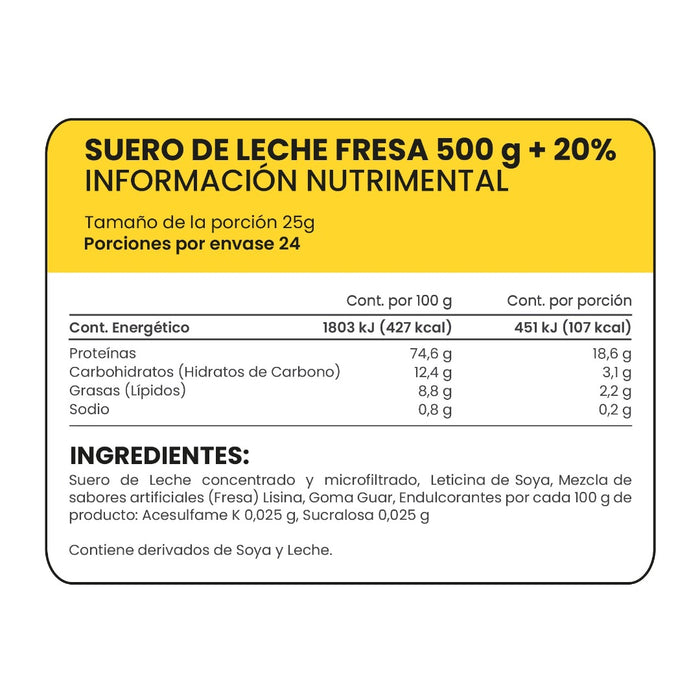 Suero de Leche fresa 500g + 20% extra